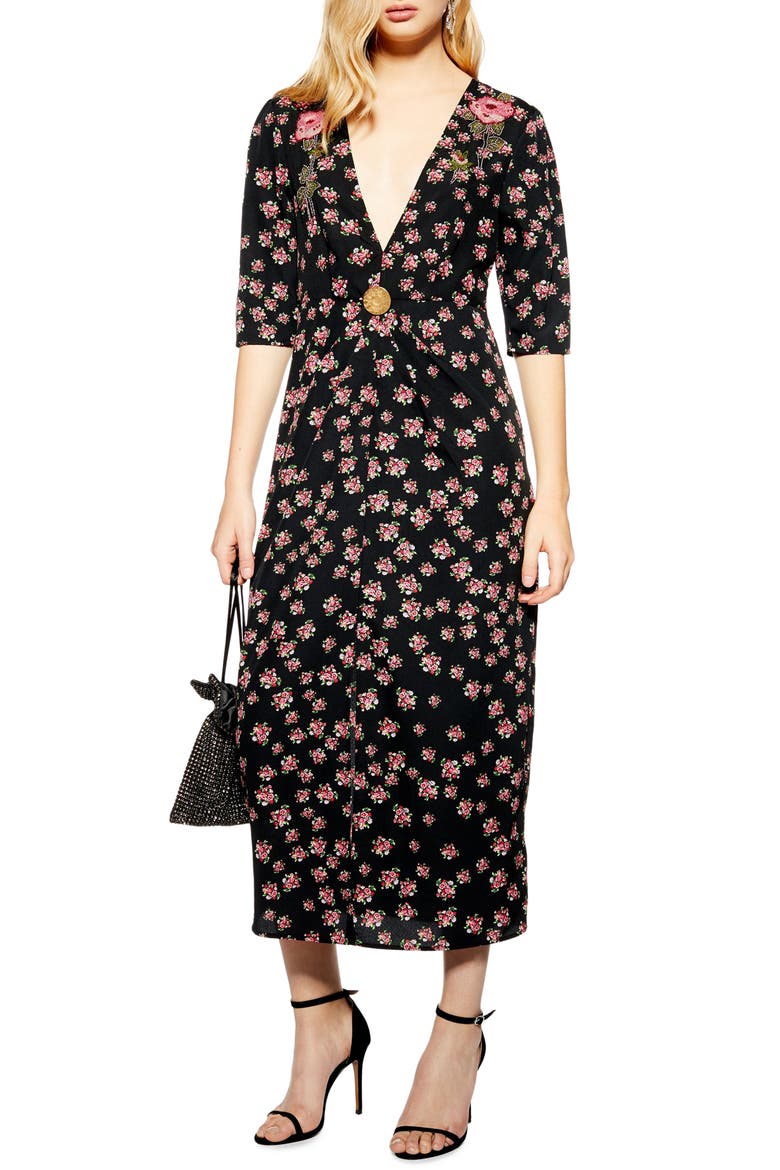 Embellished Floral Midi Dress, Main, color, BLACK MULTI