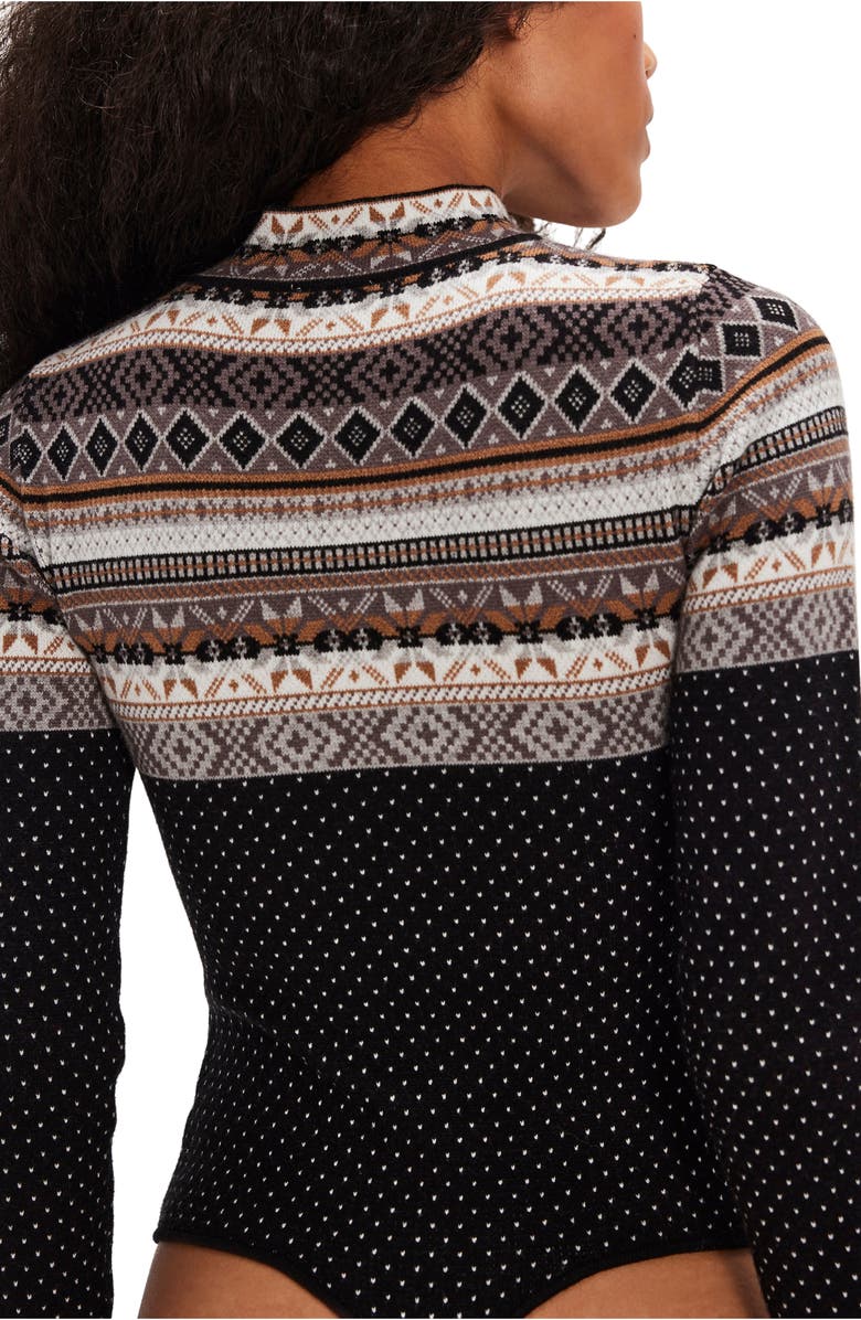 Free People Warmer Fair Isle Long Sleeve Bodysuit, Alternate, color, Black Ivory Combo