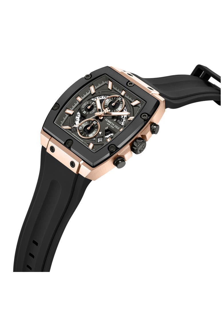 Sport Tonneau Chronograph Silicone Strap Watch, 44mm x 28mm, Alternate, color, BLACK