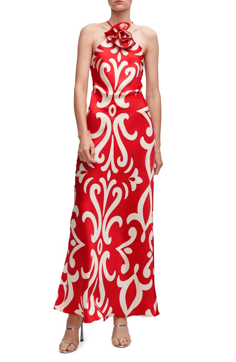 MANGO Flower Appliqué Halter Dress, Main, color, Red