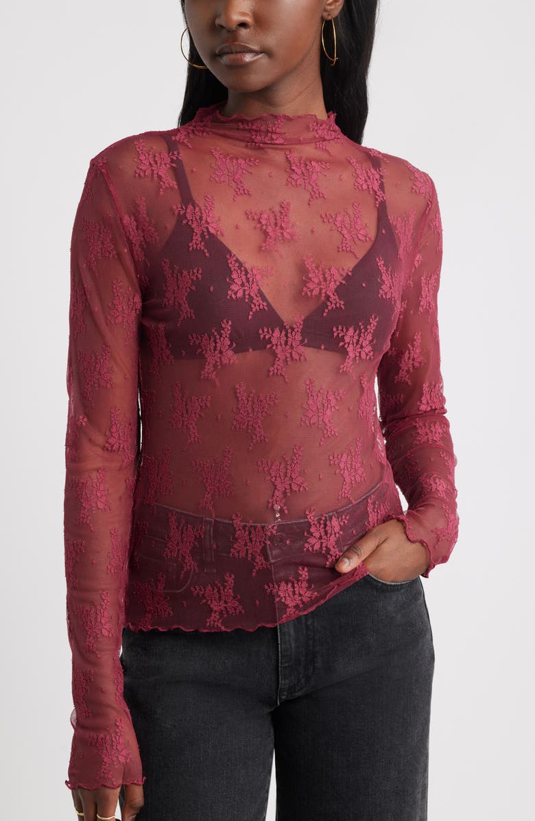 Treasure & Bond Sheer Lace Top, Main, color, Burgundy Rhode