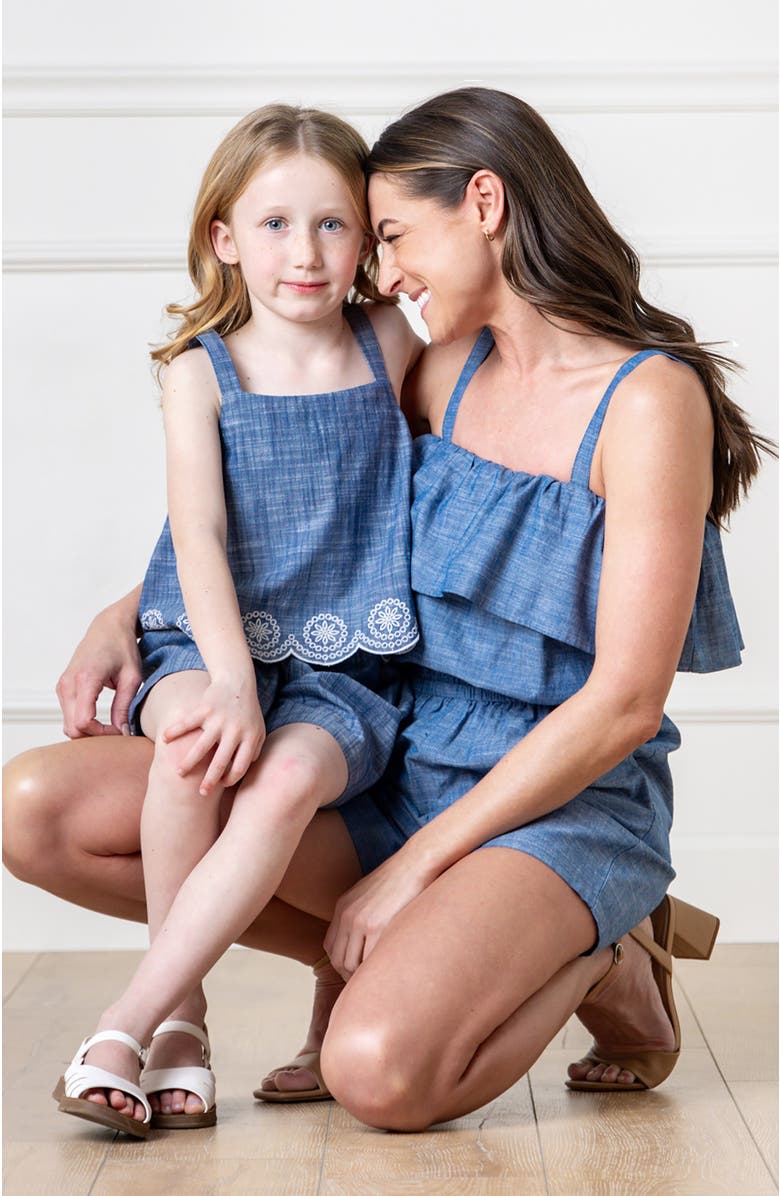 Hope & Henry Women's Organic Ruffle Top Romper, Alternate, color, Chambray Ruffle