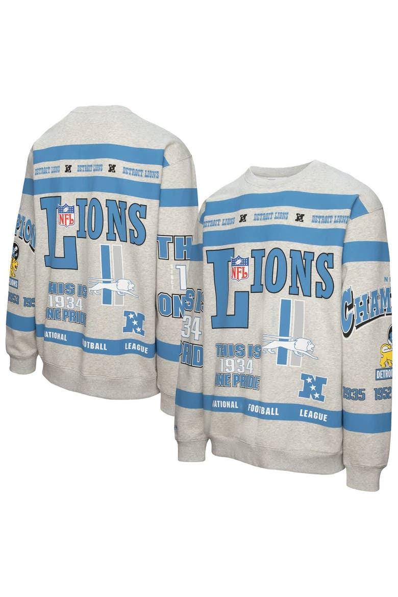 Men's Mitchell & Ness  Heather Gray Detroit Lions All Over Print Vintage Fleece Crewneck Sweatshirt, Main, color, Heather Gray