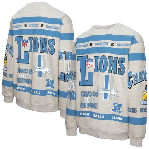 Mitchell & Ness Heather Gray Detroit Lions All Over Print Vintage Fleece Crewneck Sweatshirt In Blue
