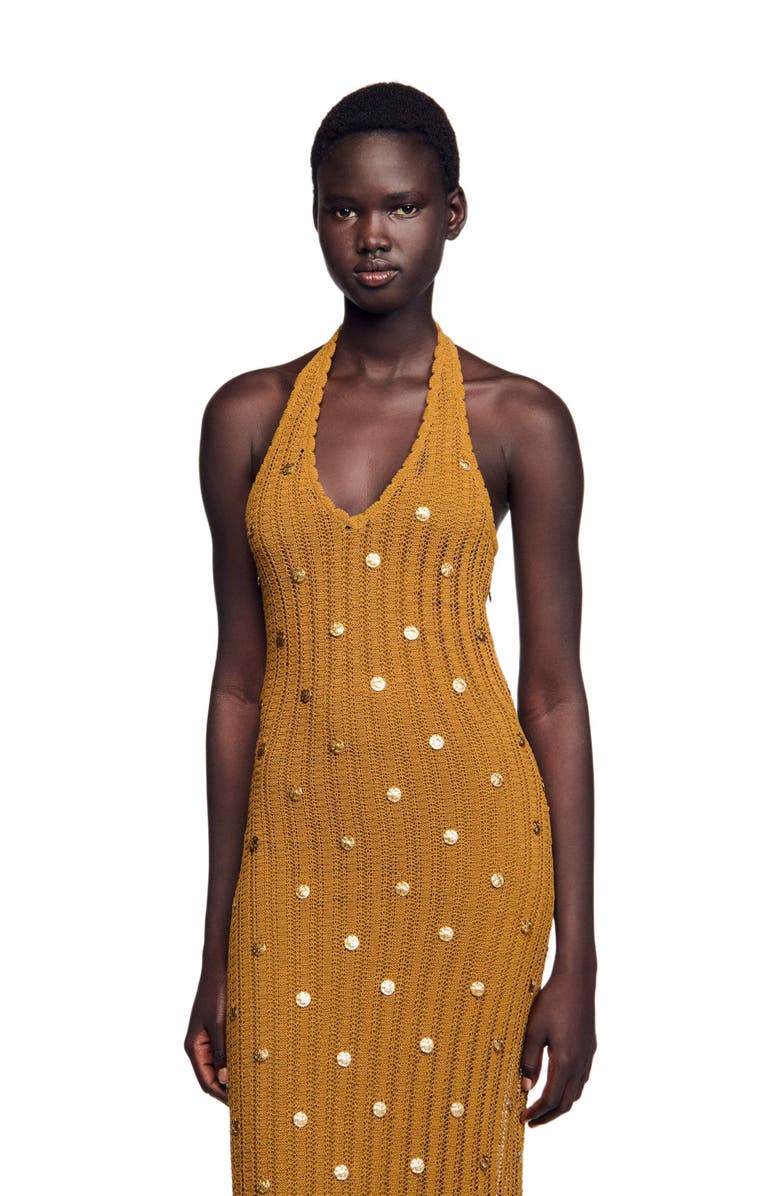 SANDRO Long knit dress with fringes, Alternate, color, 