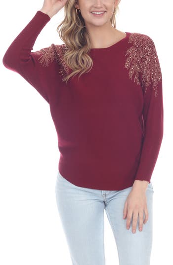 Rain And Rose Embellished Raglan Sleeve Knit T-shirt In Burgundy