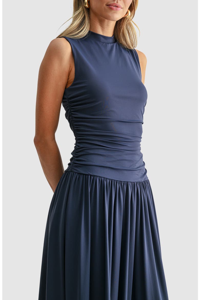 Ruched Mock Neck Drop Waist Fit & Flare Midi Dress, Alternate, color, NAVY
