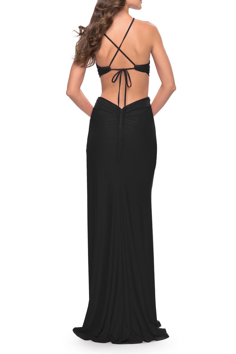Unique Jersey Gown with Front Cut Outs and Criss Cross Straps, Alternate, color, Black