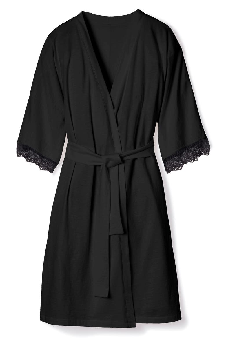 Lace Trim Cotton Jersey Robe, Alternate, color, BLACK