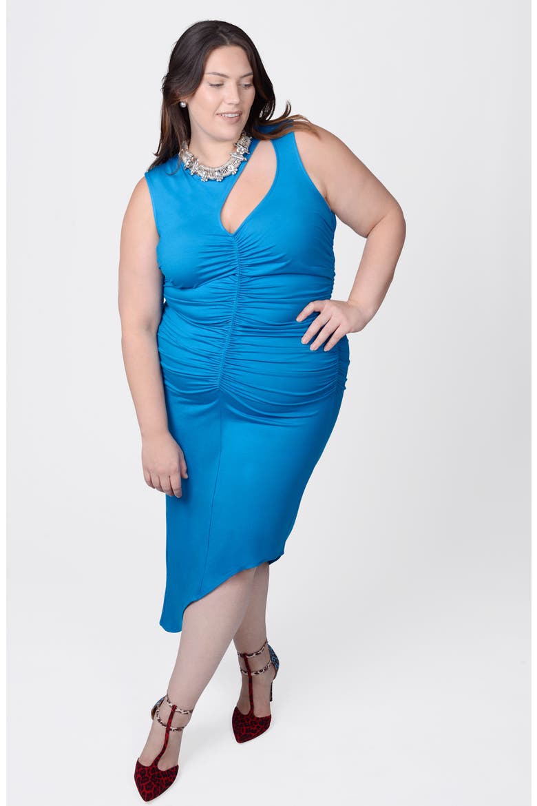 Sarah Cutout Asymmetric Shirred Dress, Alternate, color, BLUE