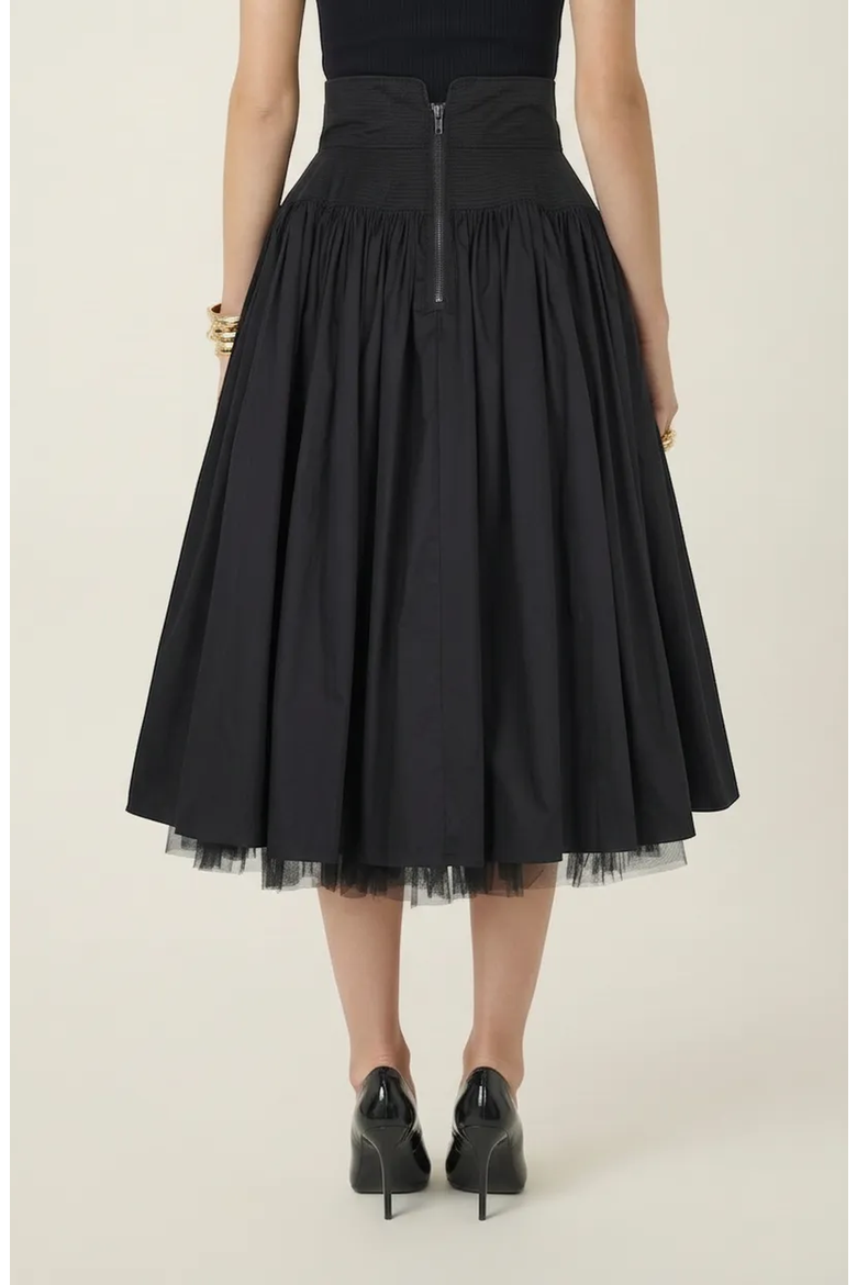 High Waist Midi Skirt with Tulle Hem, Alternate, color, Black