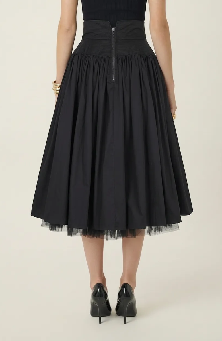 Modenaire High Waist Midi Skirt with Tulle Hem, Alternate, color, Black