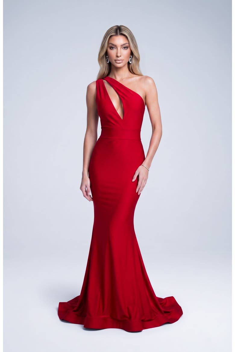 Asymmetrical Cutout Mermaid Evening Gown, Alternate, color, Red