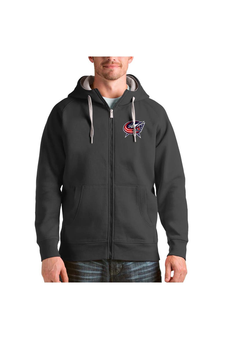 Men's Antigua Charcoal Columbus Blue Jackets Logo Victory Full-Zip Hoodie, Alternate, color, Charcoal