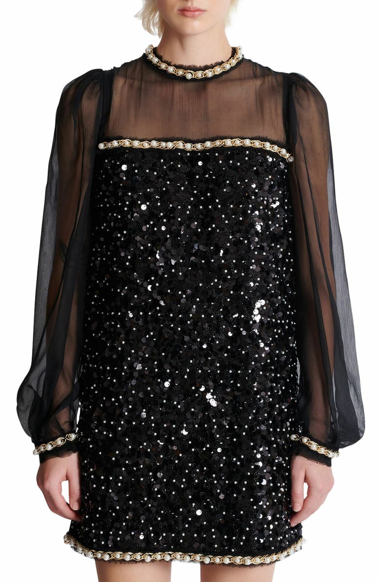 Balmain Chiffon And Beaded Sequin Dress, Alternate, color, Black