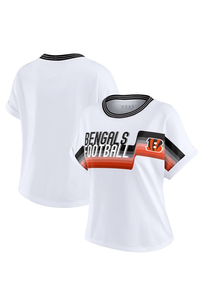 Women's WEAR by Erin Andrews White Cincinnati Bengals Cropped Center Stripe Dolman T-Shirt, Main, color, White