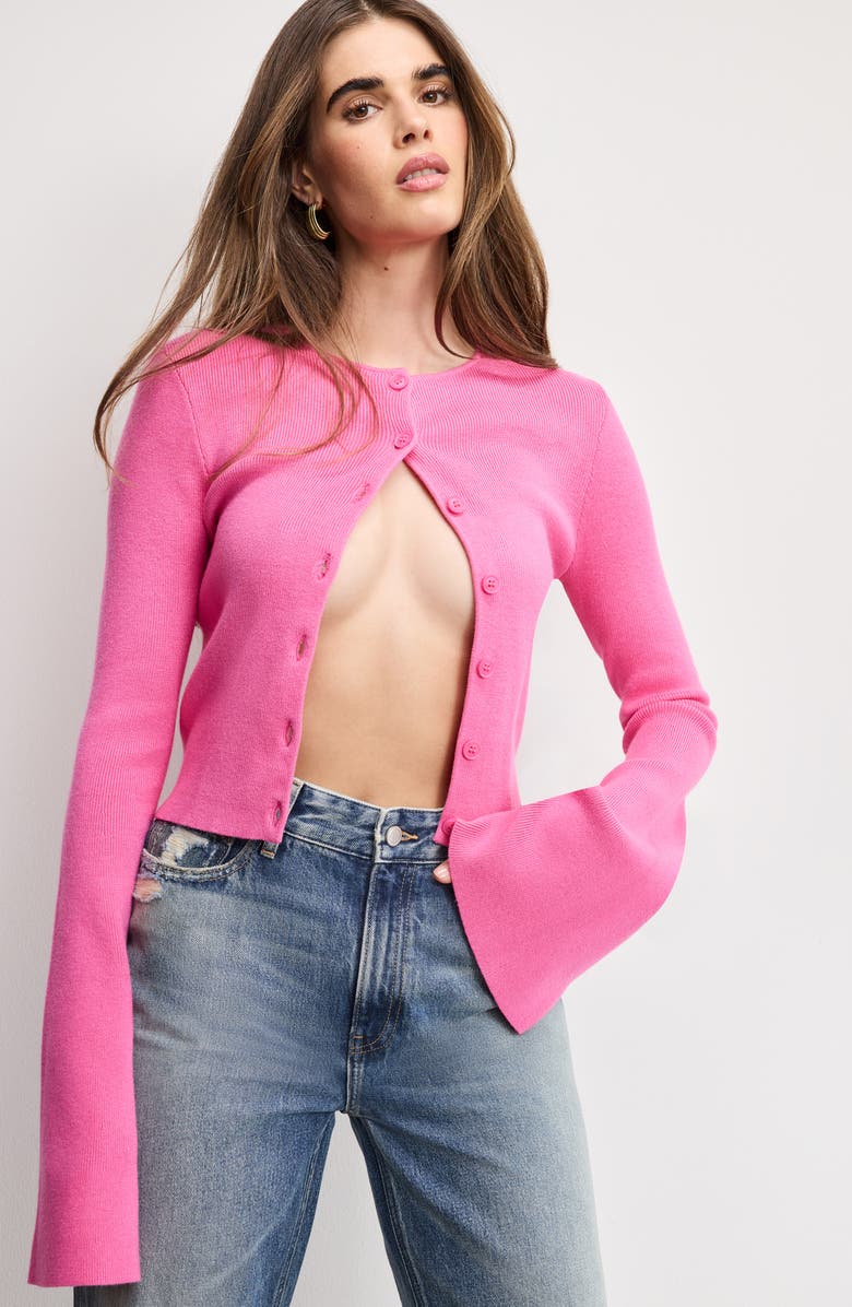 Good American Ribbed Bell Sleeve Cardigan, Alternate, color, Bouquet001