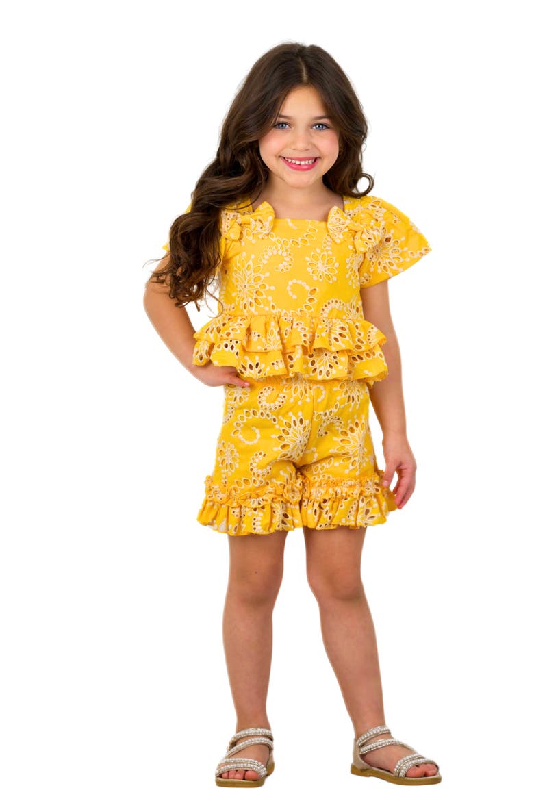 Golden Bloom Eyelet Puff Sleeve Top and Ruffle Girls Shorts Set, Main, color, Yellow
