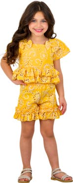Mia Belle Girls Golden Bloom Eyelet Puff Sleeve Top and Ruffle Girls Shorts Set