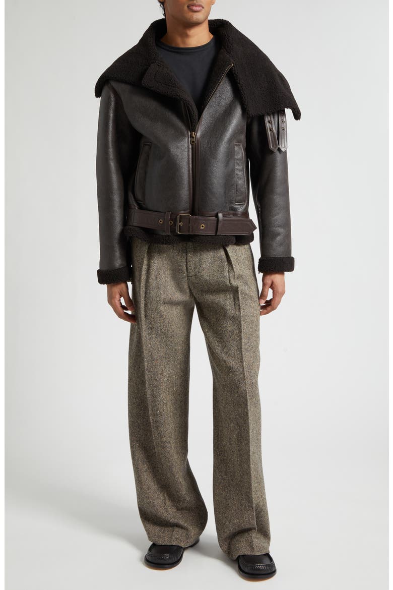 Belted Lambskin & Genuine Shearling Aviator Jacket, Alternate, color, CHOCOLATE BROWN/ BROWN