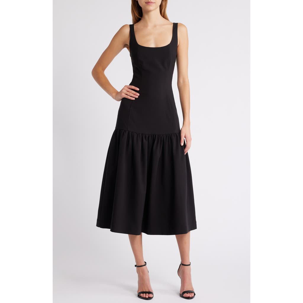 Rare London Drop Waist Stretch Fit & Flare Dress in Black