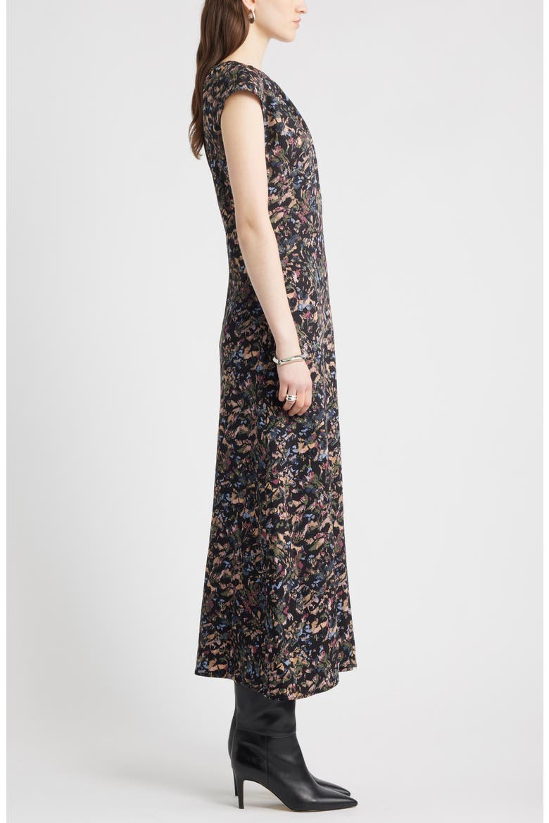 Shirred Cap Sleeve Maxi Dress, Alternate, color, BLACK MULTI FEATHER ABSTRACT