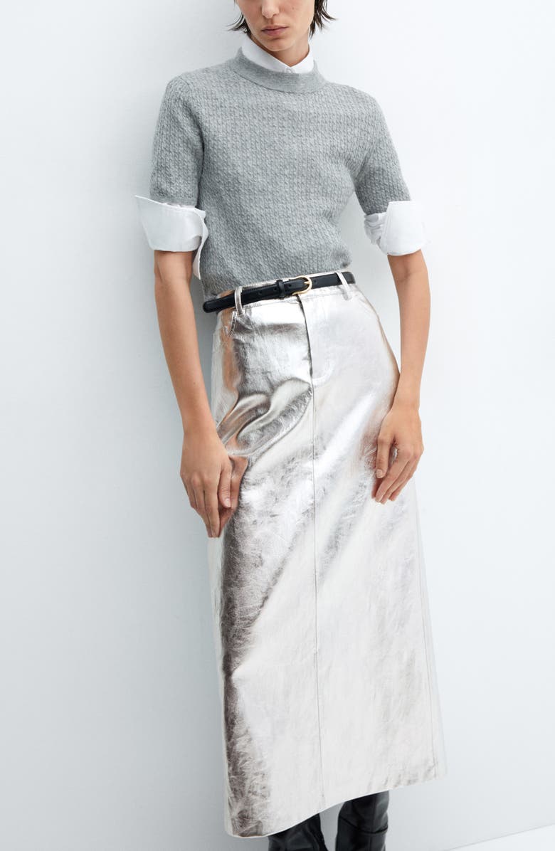 MANGO Metallic Faux Leather Midi Skirt, Main, color, 