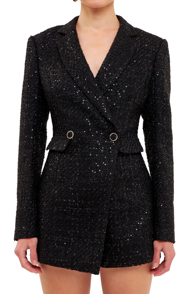 Endless Rose Premium Sequin Tweed Long Sleeve Blazer Minidress, Alternate, color, Black