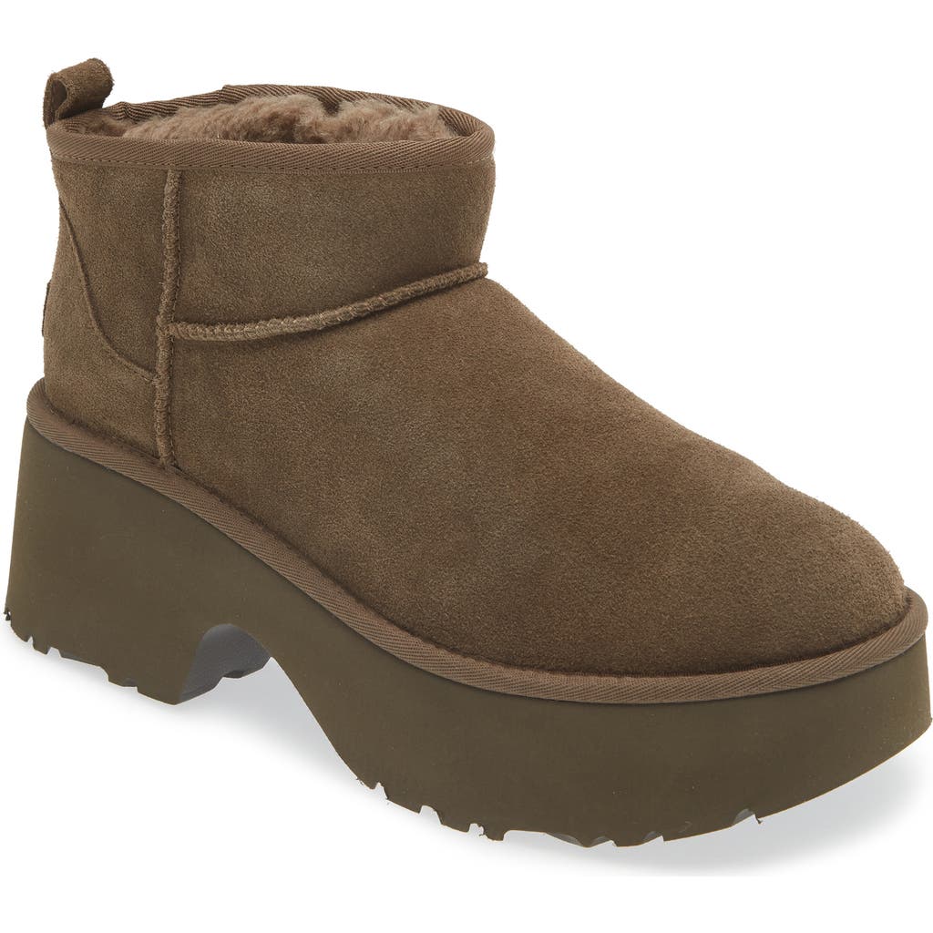 Ugg Classic Ultra Mini New Heights Womens Faux Fur Lined Leather Ankle Boots In Brown