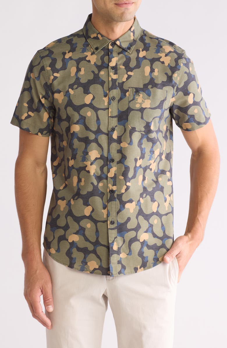 Original Penguin Oxford Camo Short Sleeve Button-Up Shirt, Main, color, 