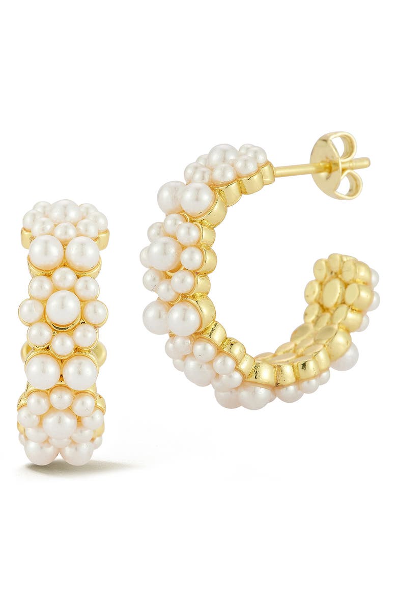 GLAZE JEWELRY Faux Pearl Hoop Earrings, Main, color, Gold
