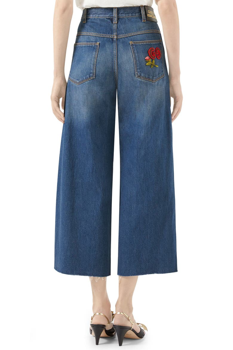 Patch Embellished Crop Wide Leg Jeans, Alternate, color, BLUE/ MULTICOLOR