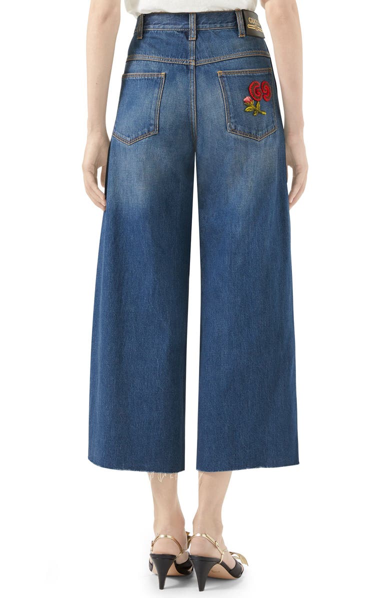 Gucci Patch Embellished Crop Wide Leg Jeans, Alternate, color, 