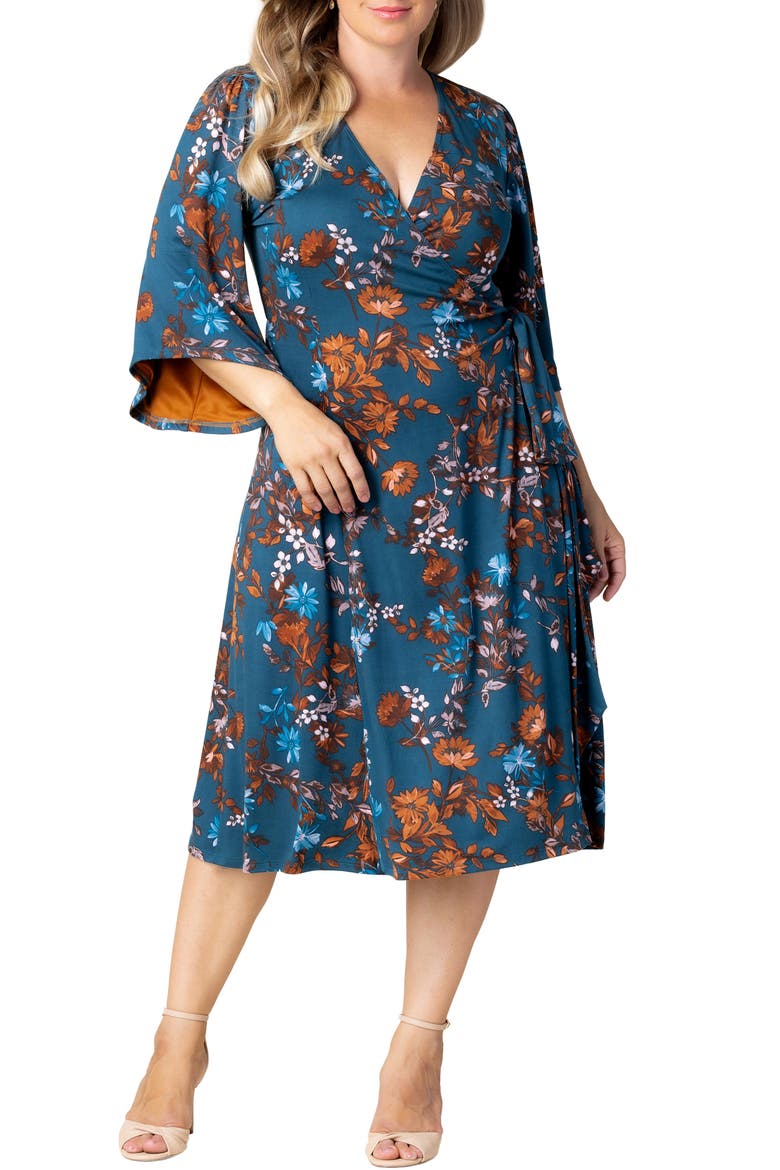 Gemini Floral Bell Sleeve Wrap Dress, Main, color, TEAL BLUE ASTERS