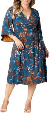 Kiyonna Gemini Floral Bell Sleeve Wrap Dress