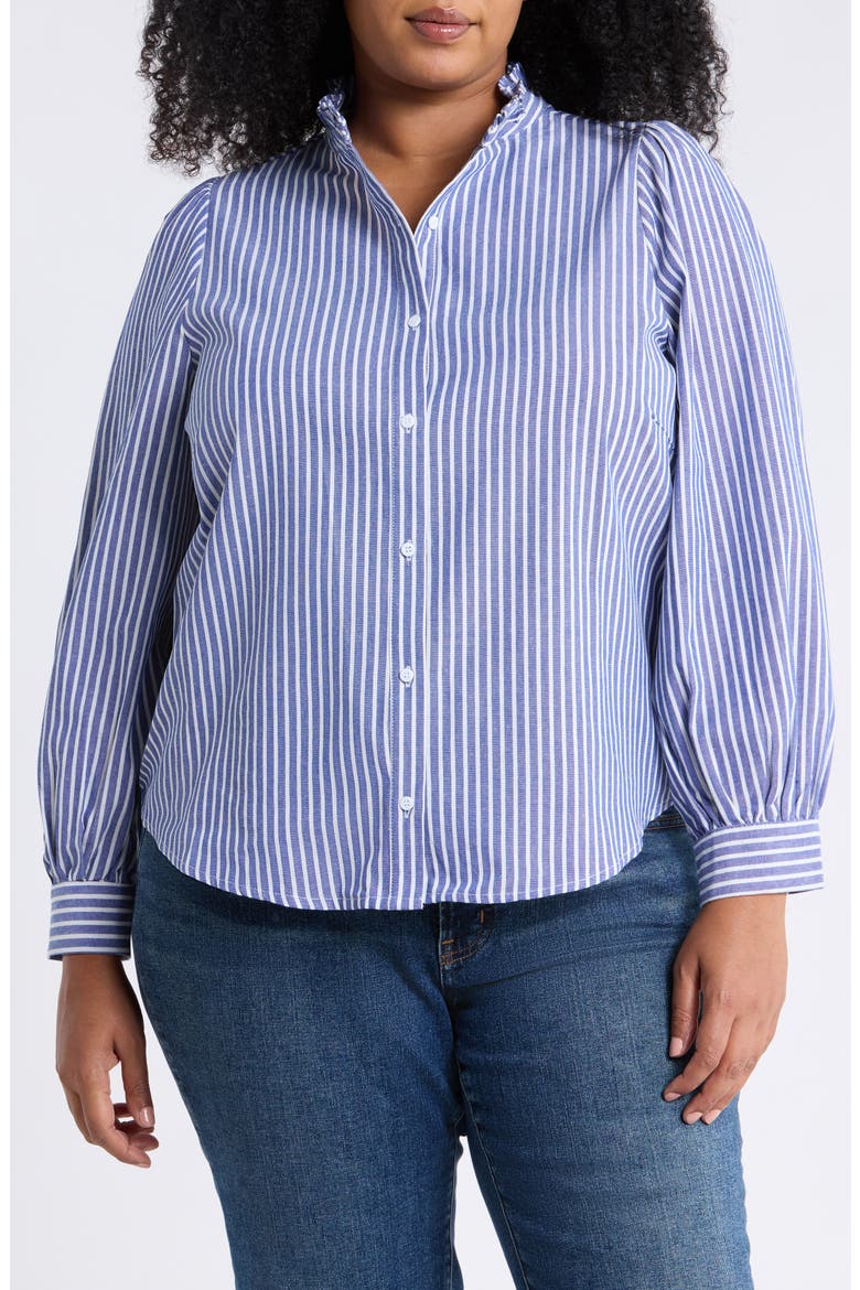Sandy Ruffle Stripe Button-Up Shirt, Main, color, BLUE-STRIPE