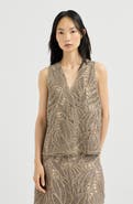 Brunello Cucinelli Linen and cotton dazzling cacao leaves embroidery top