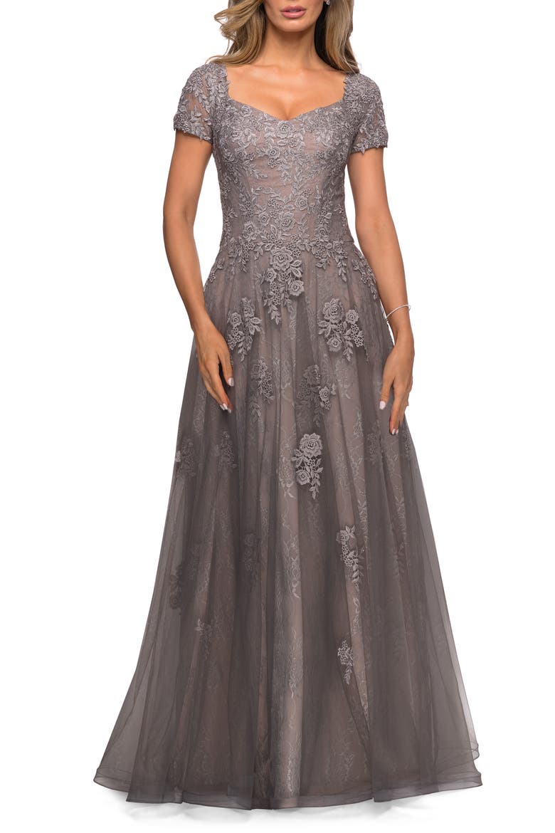 A-line Dress with Lace Detail and Sheer Cap Sleeves, Main, color, Platinum