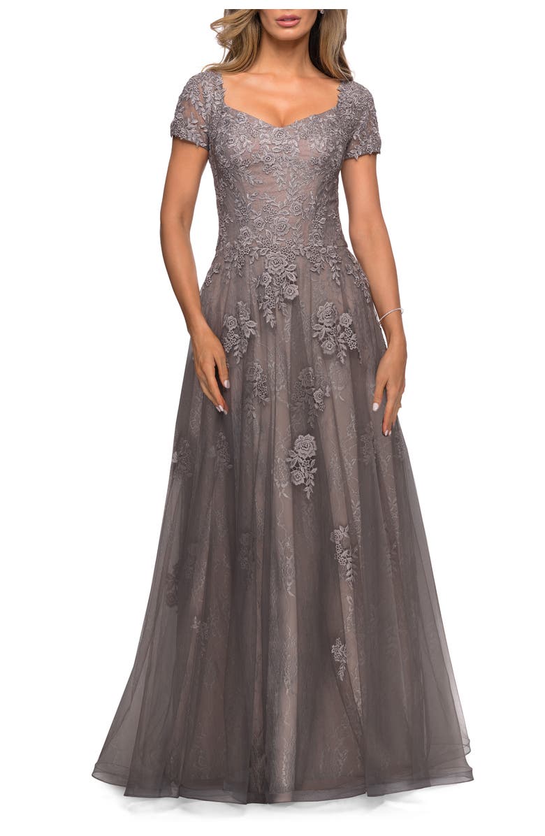 La Femme A-line Dress with Lace Detail and Sheer Cap Sleeves, Main, color, Platinum