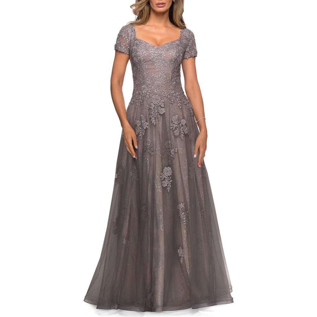 La Femme A-line Dress with Lace Detail and Sheer Cap Sleeves in Platinum  product