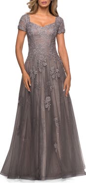 La Femme A-line Dress with Lace Detail and Sheer Cap Sleeves