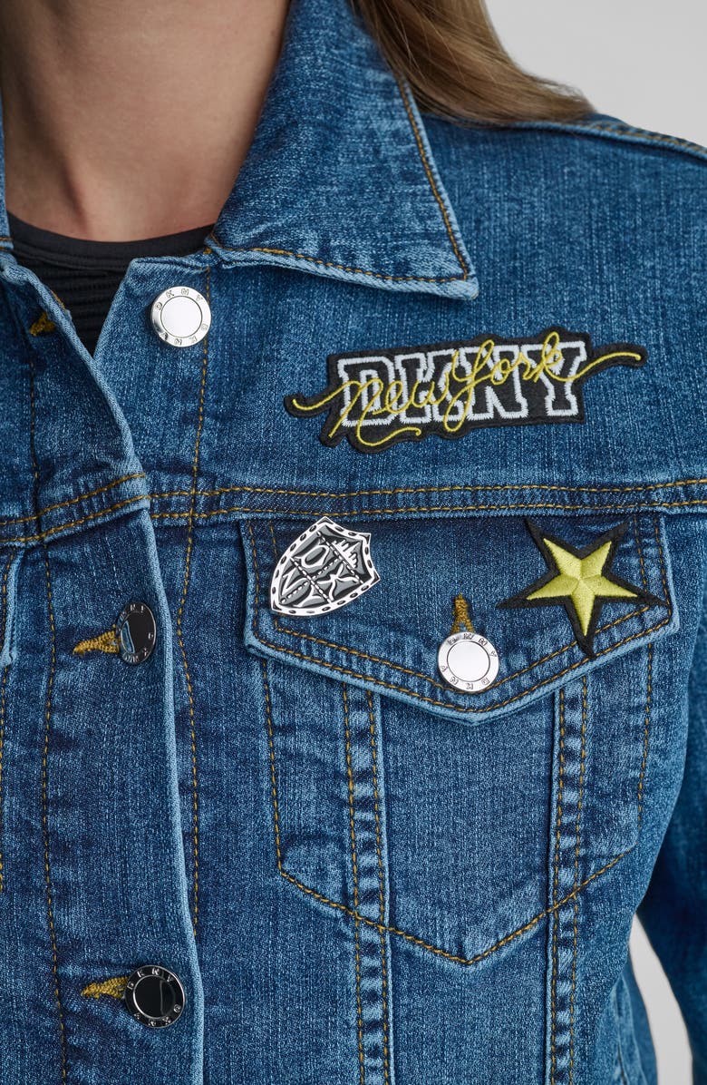 DKNY 1989 Pins & Patches Denim Trucker Jacket, Alternate, color, Tribeca Wash