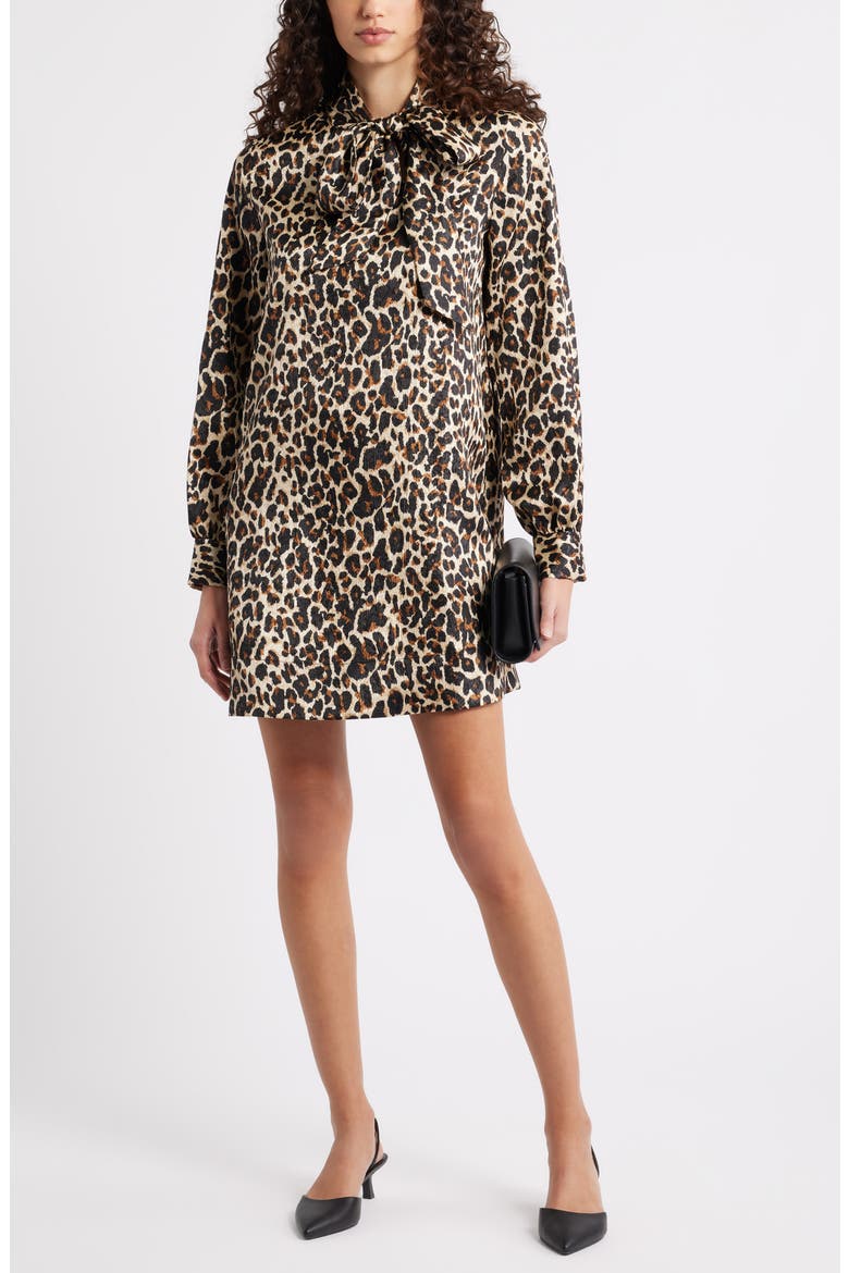 Leopard Print Long Sleeve Tie Neck Shift Dress, Alternate, color, TAN- BLACK SARAH LEOPARD