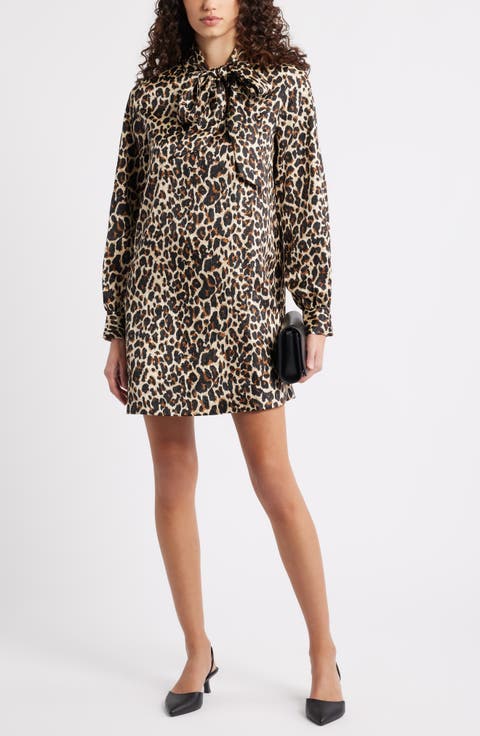 Leopard Print Long Sleeve Tie Neck Shift Dress