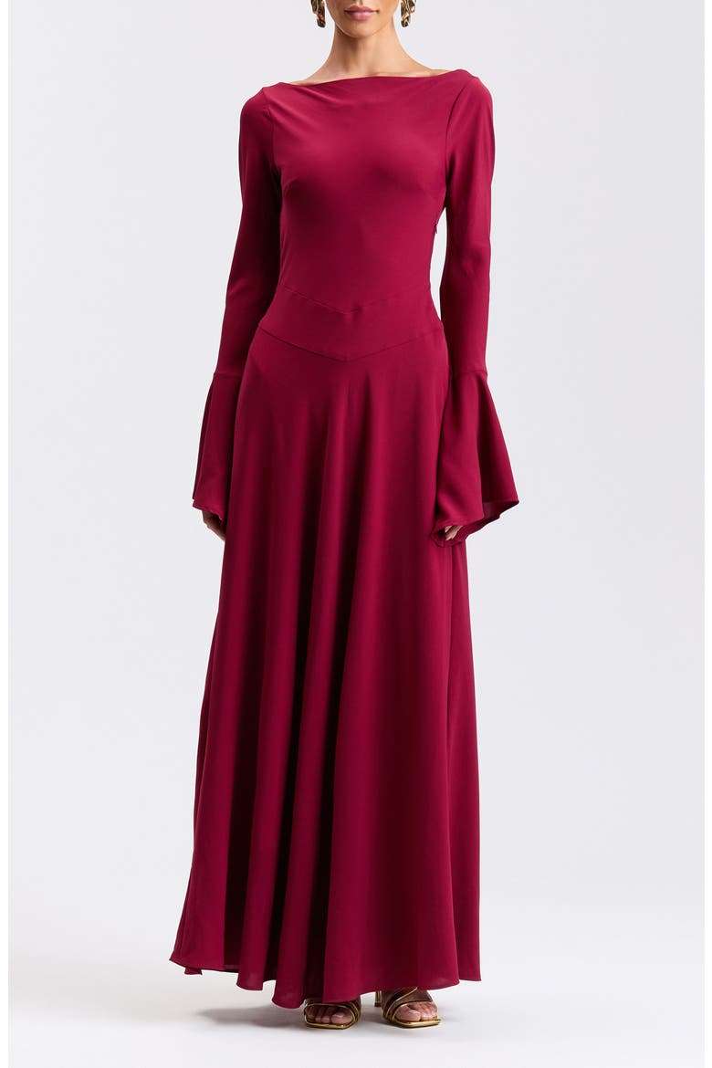 Long Sleeve Crepe Maxi Dress, Main, color, BURGUNDY