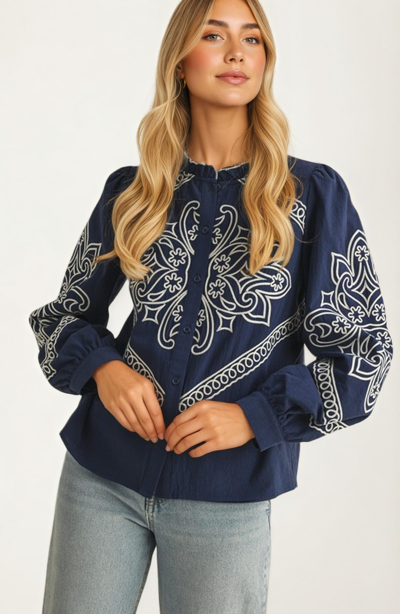Knit and Lounge Embroidered Button-Front Puff-Sleeve Blouse, Main, color, Navy Embroidered