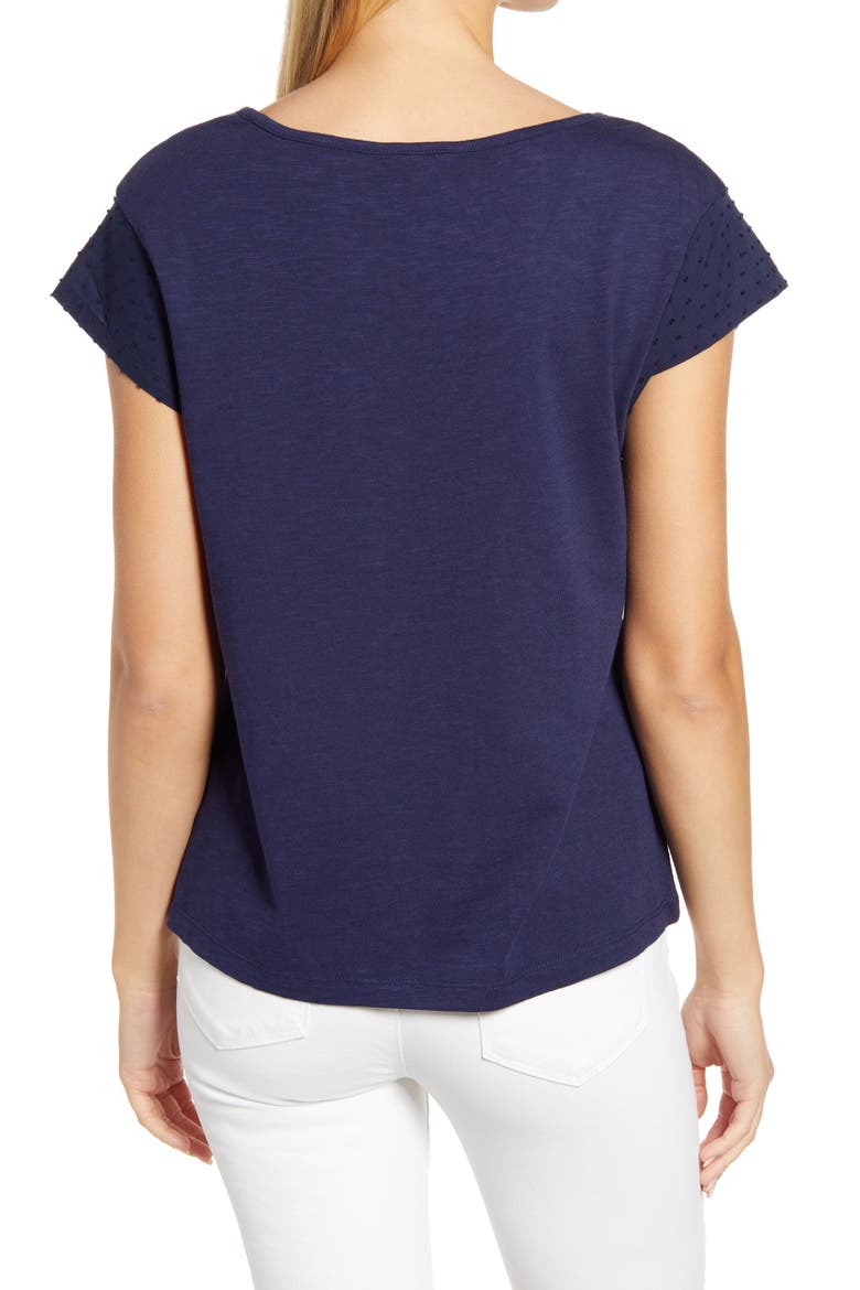Embroidered Neck Short Sleeve Cotton Blend Top, Alternate, color, NAVY PEACOAT