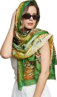 SILKSILKY Pure Silk Oil Painting Rectangle Scarf