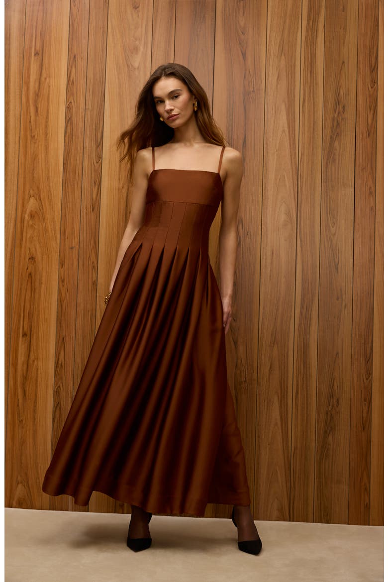 Pleated Sleeveless Satin Maxi Dress, Alternate, color, CHESTNUT BROWN