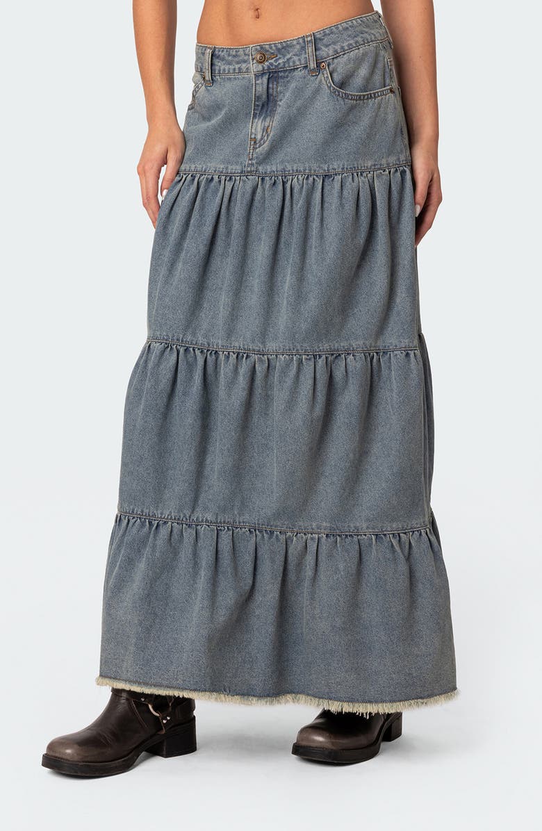 EDIKTED Countryside Tiered Denim Maxi Skirt, Alternate, color, 